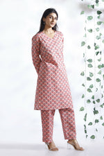 Thumbnail for Breathables Women’S Loungewear Long Kurta Co-Ord Set Cotton Pink Indian Motif Butta Print - Dista
