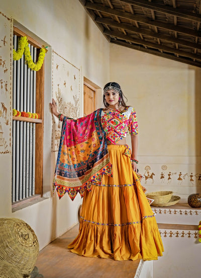 Aastha Fashion Mustard Rayon Ready Mirror Lace work Readymade Traditional Lehenga Choli Set