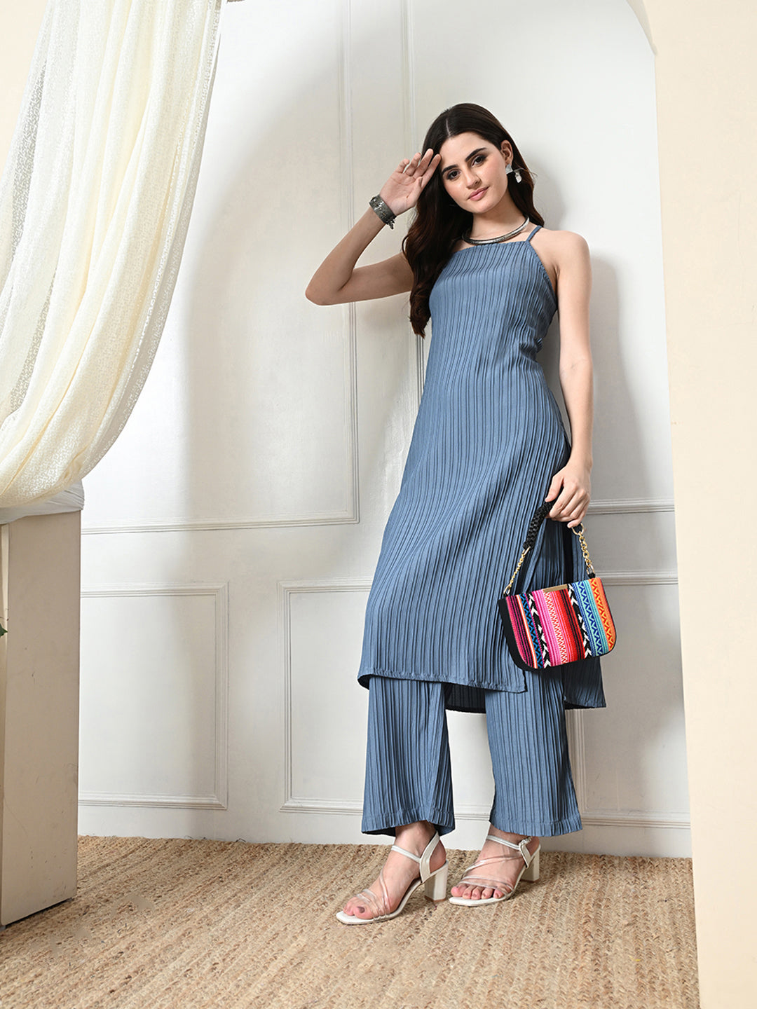 Myshka Women's Self Design Shoulder Straps Kurta & Palazzos Sets in Grey Color - Distacart