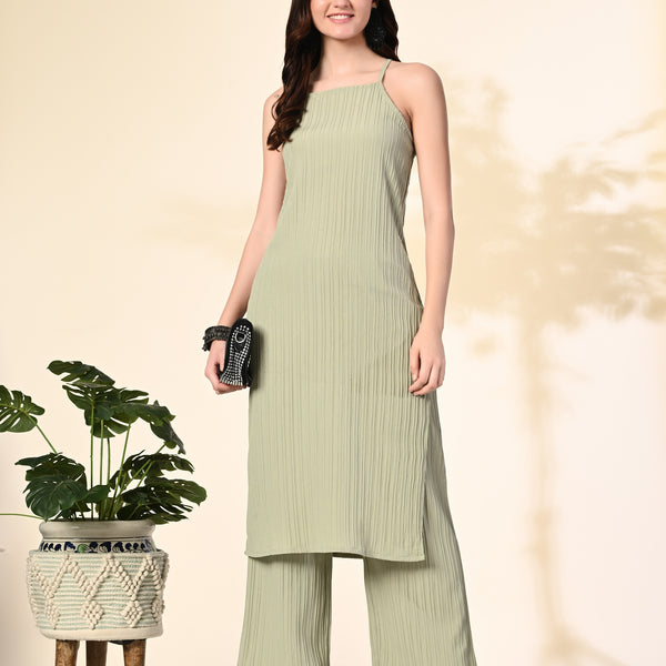 Myshka Women's Self Design Shoulder Straps Kurta & Palazzos Sets in Olive Color - Distacart