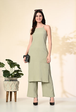 Myshka Women's Self Design Shoulder Straps Kurta & Palazzos Sets in Olive Color - Distacart