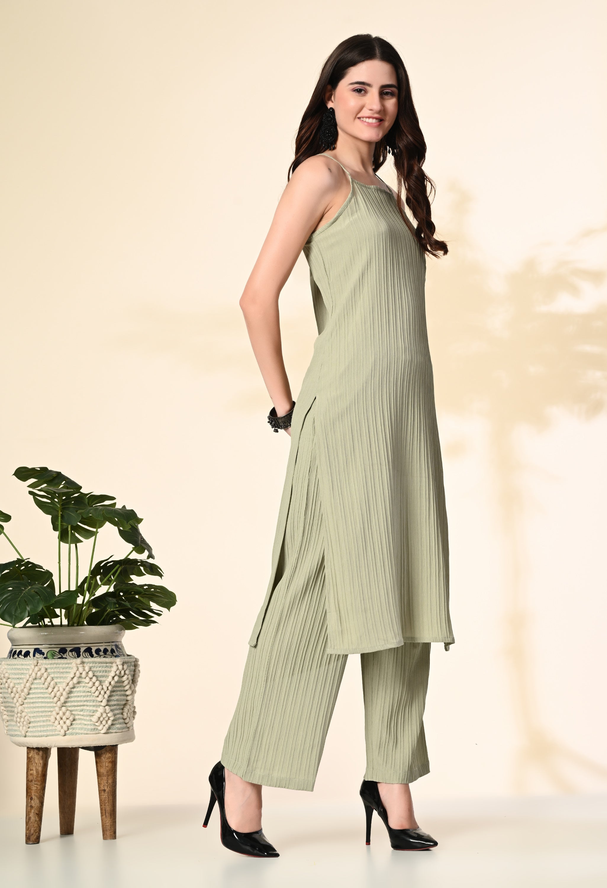 Myshka Women's Self Design Shoulder Straps Kurta & Palazzos Sets in Olive Color - Distacart