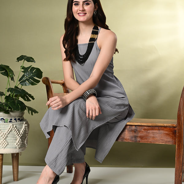 Myshka Women's Self Design Shoulder Straps Kurta & Palazzos Sets in Grey Color - Distacart