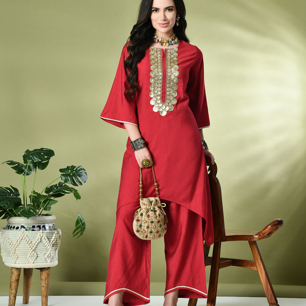 Myshka Women's Embroidered Keyhole Neck Bell Sleeves Kurta & Palazzos Sets in Red Color - Distacart