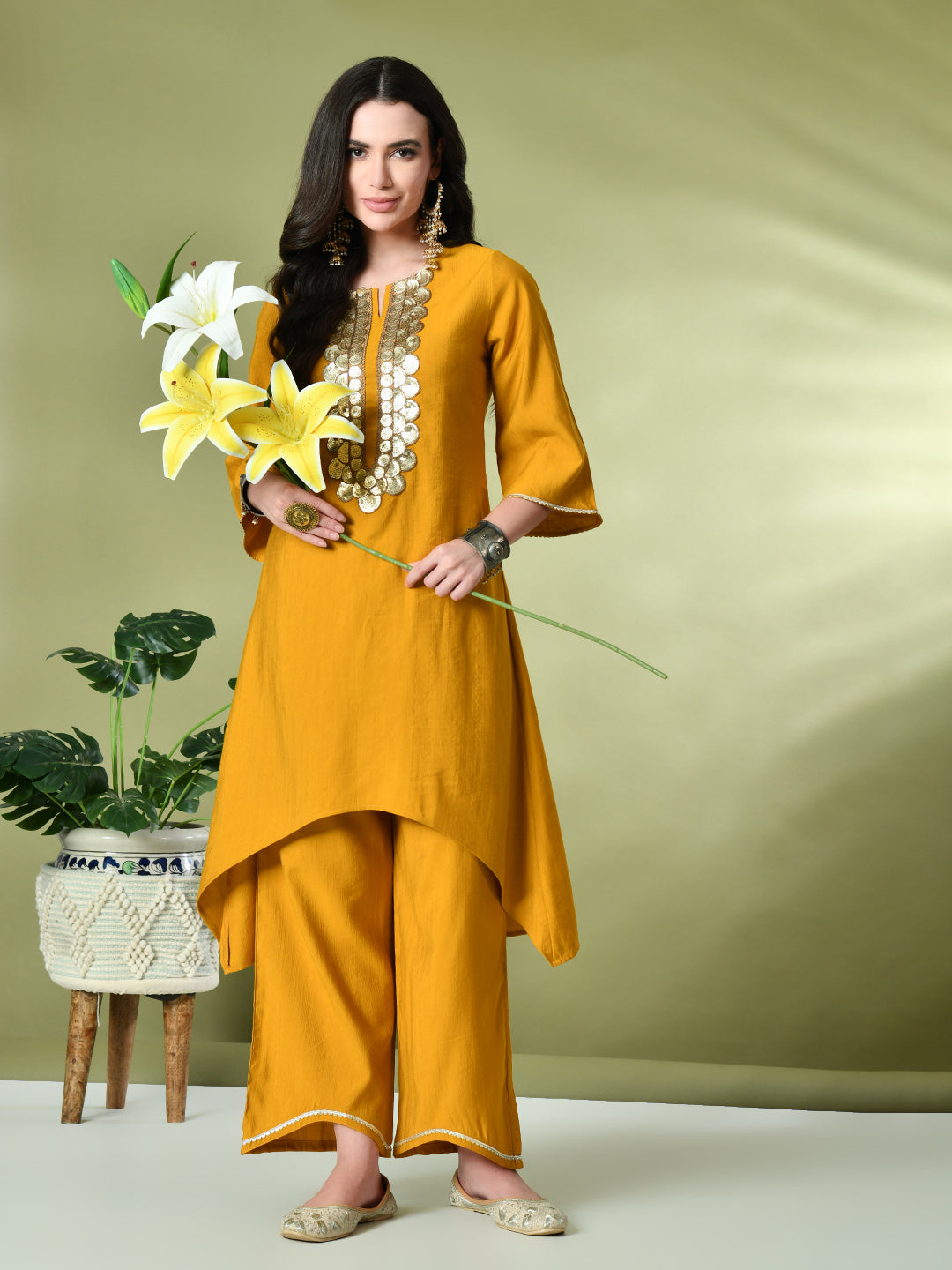 Myshka Women's Embroidered Keyhole Neck Bell Sleeves Kurta & Palazzos Sets in Mustard Color - Distacart