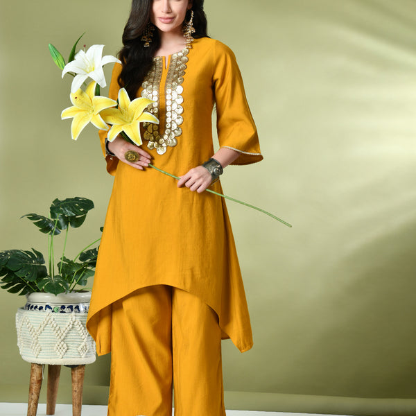 Myshka Women's Embroidered Keyhole Neck Bell Sleeves Kurta & Palazzos Sets in Mustard Color - Distacart