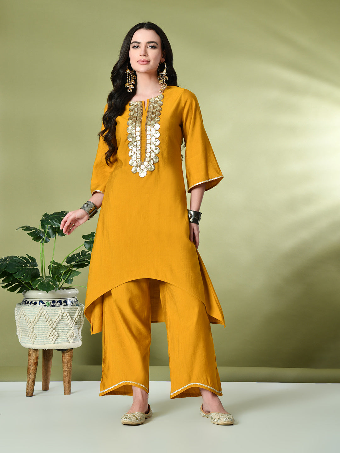 Myshka Women's Embroidered Keyhole Neck Bell Sleeves Kurta & Palazzos Sets in Mustard Color - Distacart