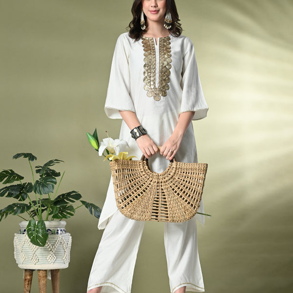 Myshka Women's Embroidered Keyhole Neck Bell Sleeves Kurta & Palazzos Sets in White Color - Distacart