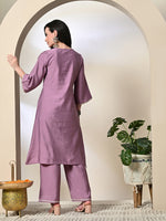 Thumbnail for Myshka Women's Embroidered Keyhole Neck Bell Sleeves Kurta & Palazzos Sets in Lavender Color