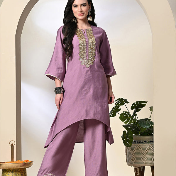 Myshka Women's Embroidered Keyhole Neck Bell Sleeves Kurta & Palazzos Sets in Lavender Color - Distacart