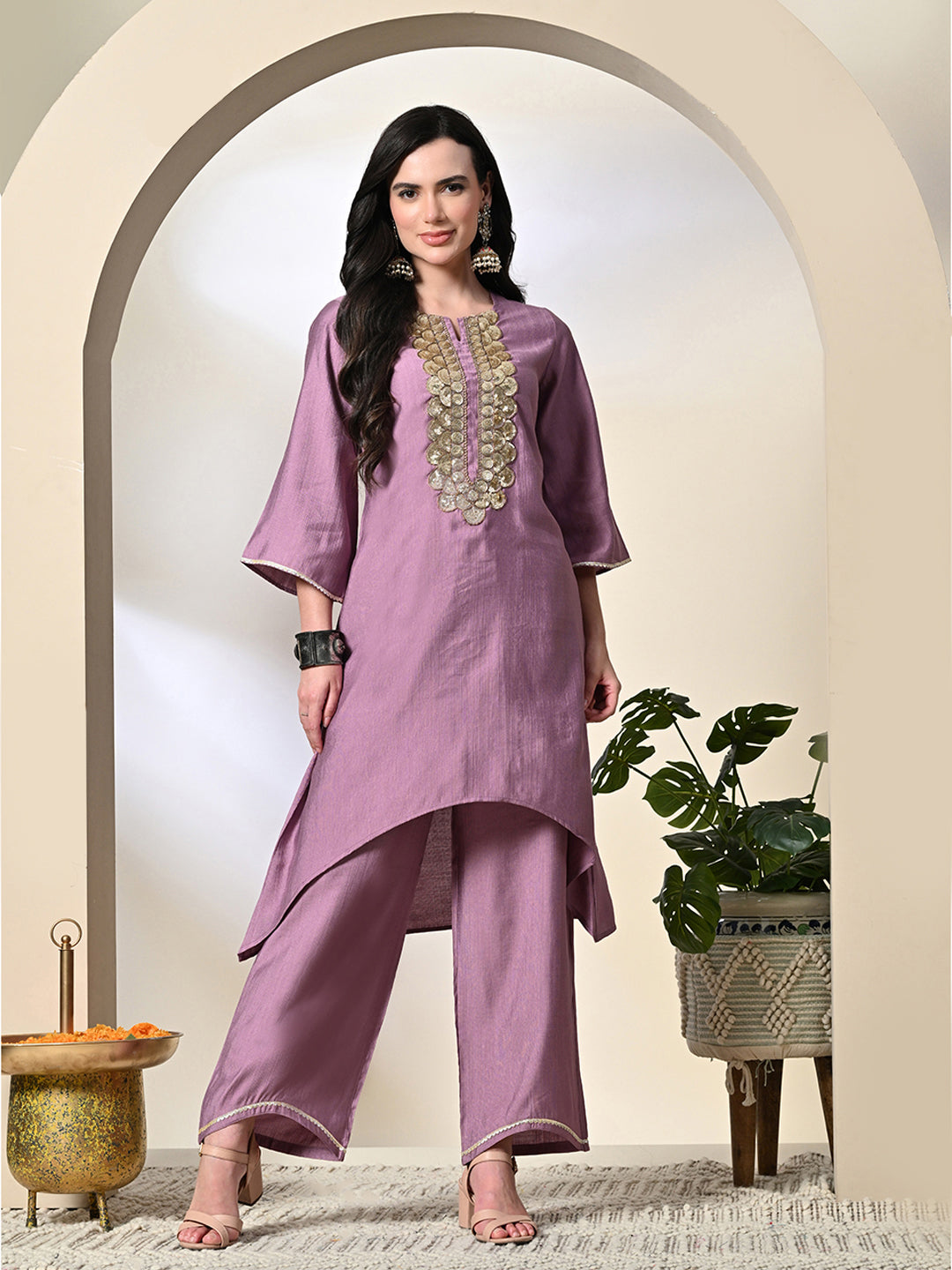 Myshka Women's Embroidered Keyhole Neck Bell Sleeves Kurta & Palazzos Sets in Lavender Color - Distacart