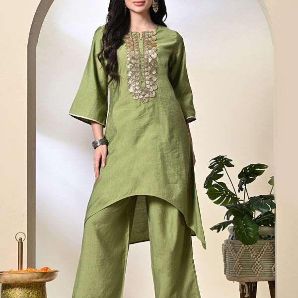 Myshka Women's Embroidered Keyhole Neck Bell Sleeves Kurta & Palazzos Sets in Green Color - Distacart