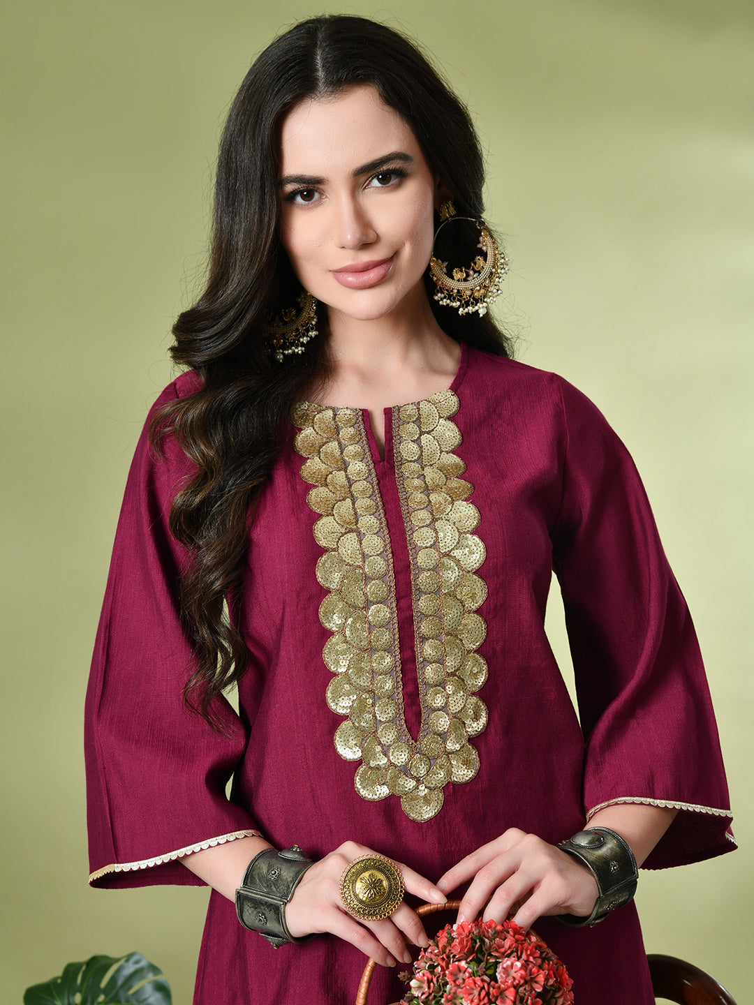 Myshka Women's Embroidered Keyhole Neck Bell Sleeves Kurta & Palazzos Sets in Magenta Color - Distacart