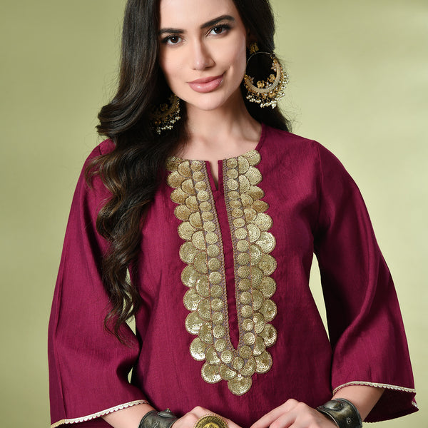 Myshka Women's Embroidered Keyhole Neck Bell Sleeves Kurta & Palazzos Sets in Magenta Color - Distacart