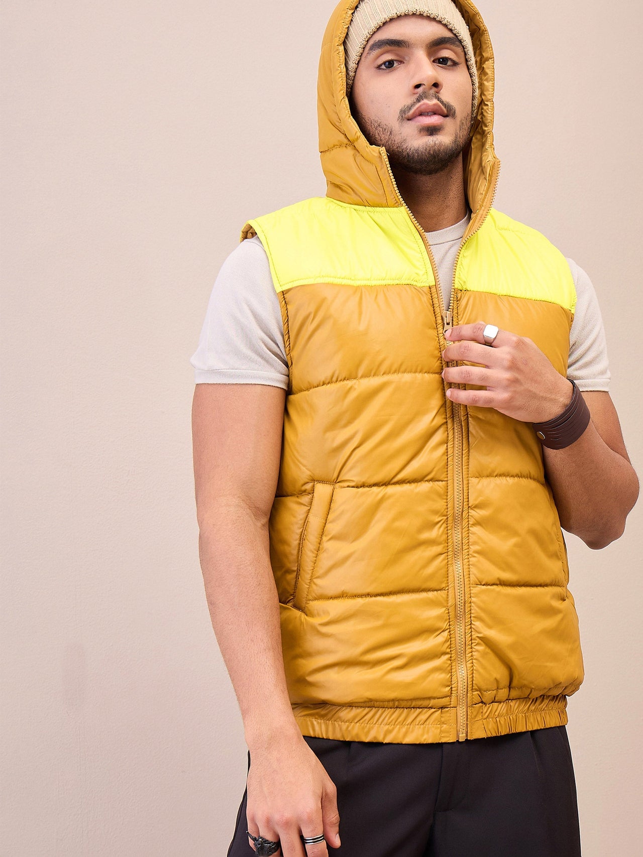 Buy Lyush Men Khaki & Yellow ColorBlock Hoodie Sleeveless