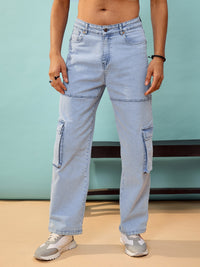 Thumbnail for Lyush Men Blue Washed Cargo Pocket Oversize Jeans
