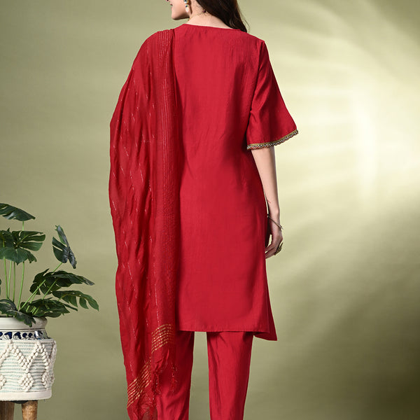 Myshka Women's Solid V-Neck Bell Sleeves Kurta & Dhoti Pants With Dupatta Sets in Red Color - Distacart