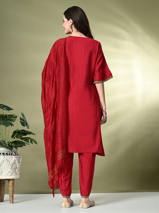 Myshka Women's Solid V-Neck Bell Sleeves Kurta & Dhoti Pants With Dupatta Sets in Red Color - Distacart