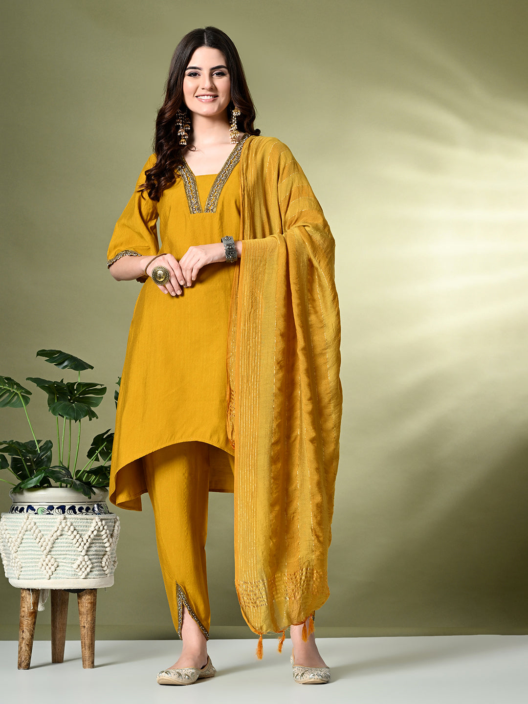 Myshka Women's Solid V-Neck Bell Sleeves Kurta & Dhoti Pants With Dupatta Sets in Mustard Color - Distacart