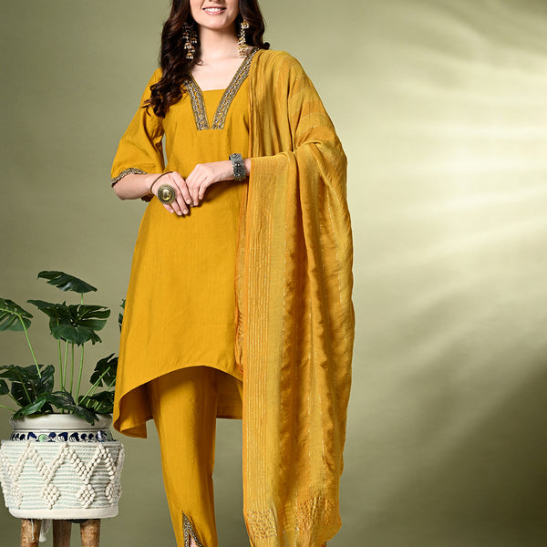 Myshka Women's Solid V-Neck Bell Sleeves Kurta & Dhoti Pants With Dupatta Sets in Mustard Color - Distacart