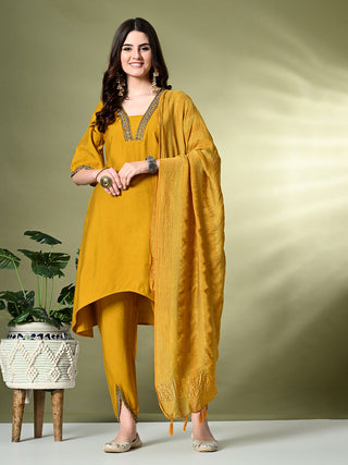 Myshka Women's Solid V-Neck Bell Sleeves Kurta & Dhoti Pants With Dupatta Sets in Mustard Color - Distacart