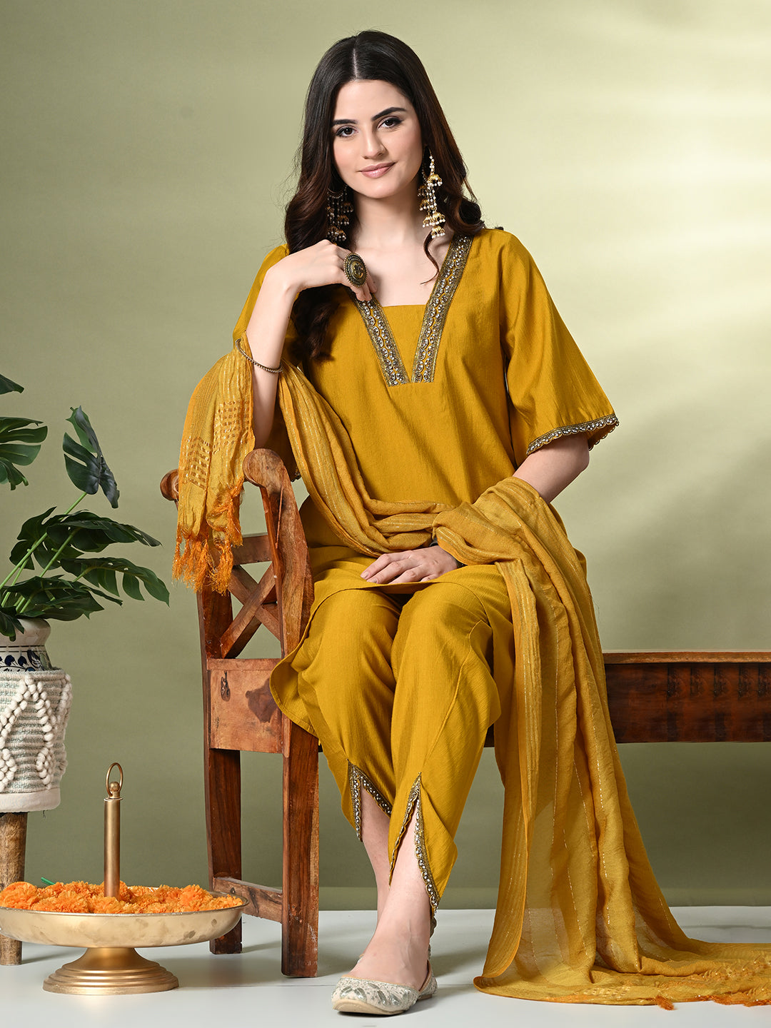 Myshka Women's Solid V-Neck Bell Sleeves Kurta & Dhoti Pants With Dupatta Sets in Mustard Color - Distacart