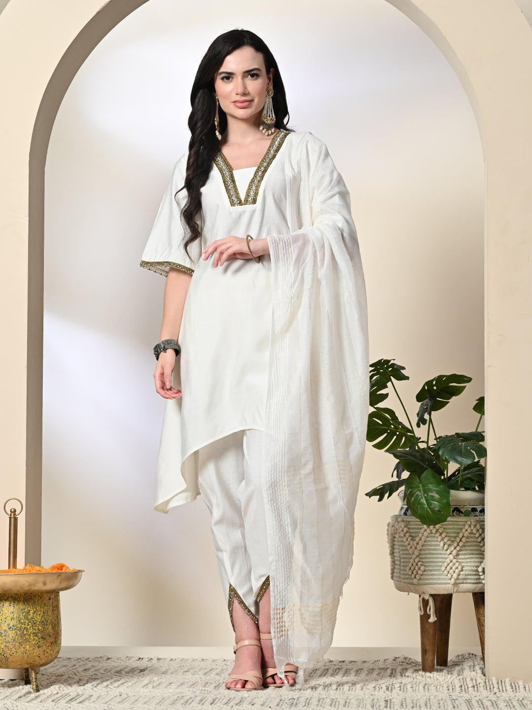 Myshka Women's Solid V-Neck Bell Sleeves Kurta & Dhoti Pants With Dupatta Sets in White Color - Distacart