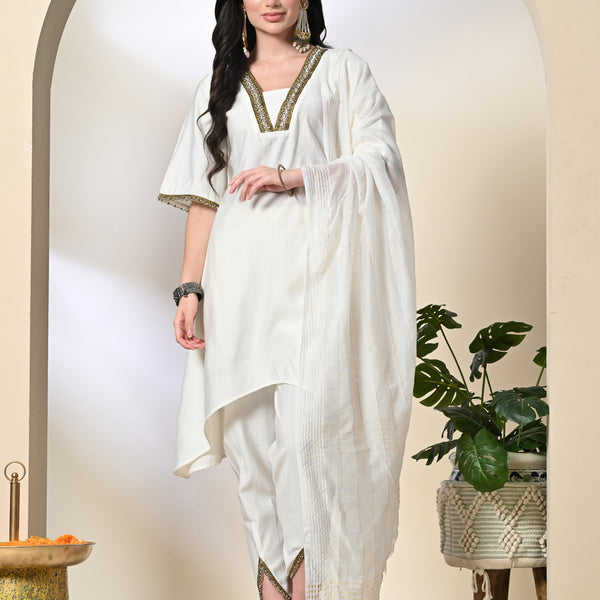 Myshka Women's Solid V-Neck Bell Sleeves Kurta & Dhoti Pants With Dupatta Sets in White Color - Distacart