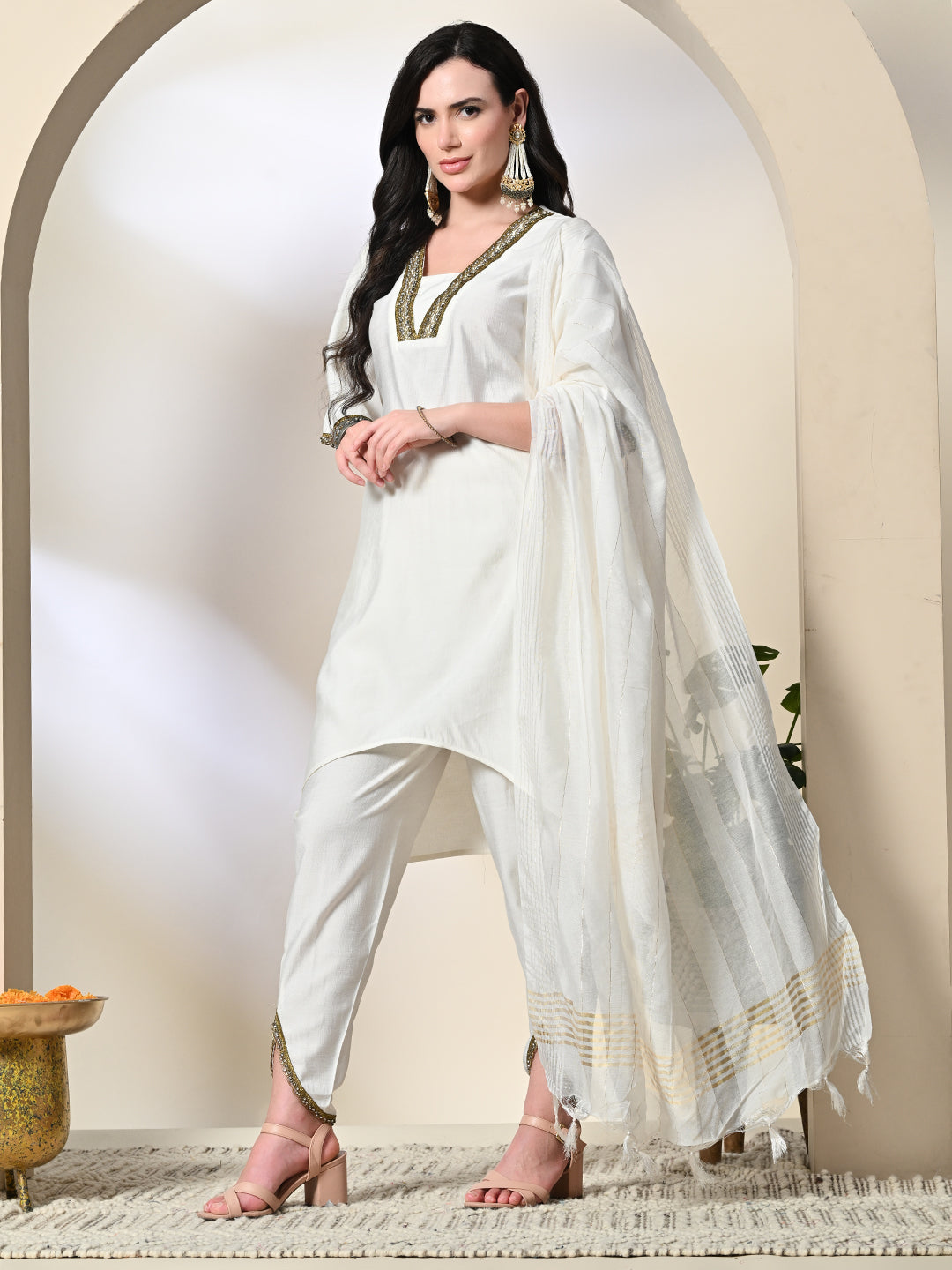 Myshka Women's Solid V-Neck Bell Sleeves Kurta & Dhoti Pants With Dupatta Sets in White Color - Distacart