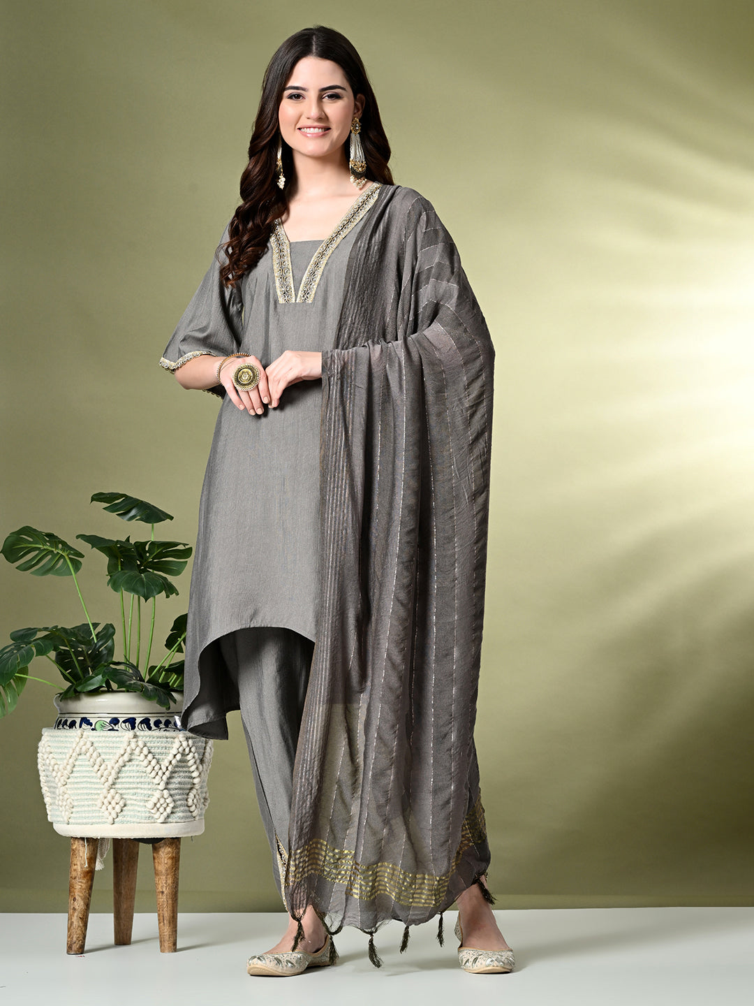 Myshka Women's Solid V-Neck Bell Sleeves Kurta & Dhoti Pants With Dupatta Sets in Grey Color - Distacart