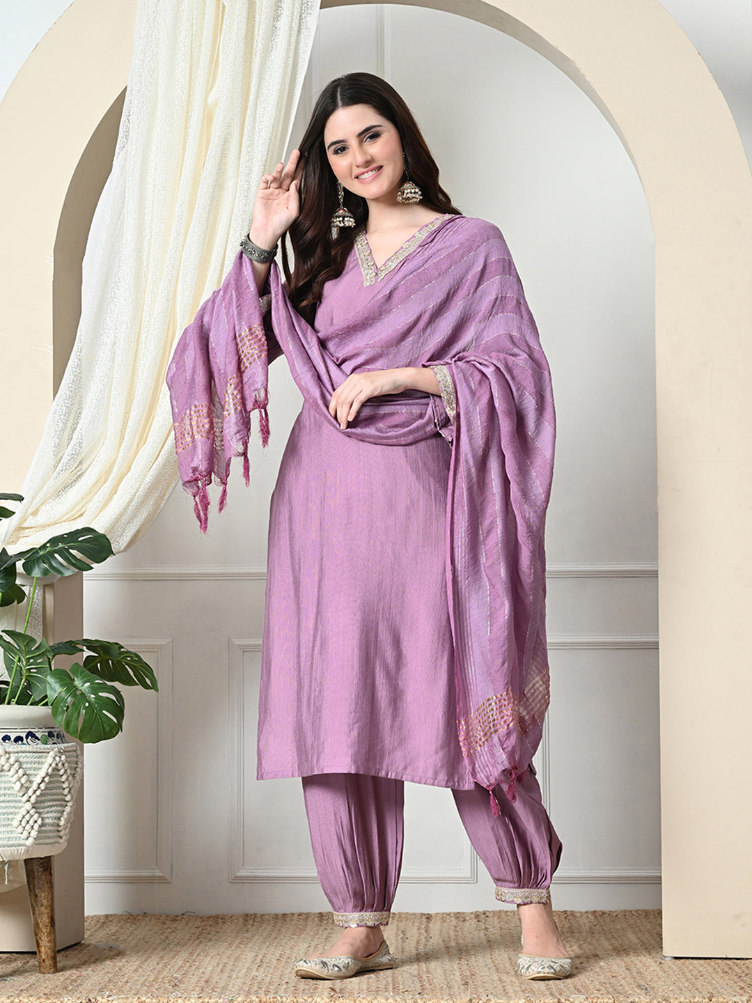 Myshka Women's Embroidered V-Neck Bell Sleeves Kurta & Salwar With Dupatta Sets in Lavender Color - Distacart