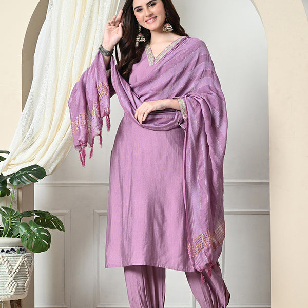 Myshka Women's Embroidered V-Neck Bell Sleeves Kurta & Salwar With Dupatta Sets in Lavender Color - Distacart