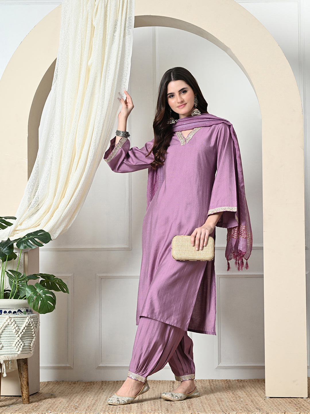 Myshka Women's Embroidered V-Neck Bell Sleeves Kurta & Salwar With Dupatta Sets in Lavender Color - Distacart