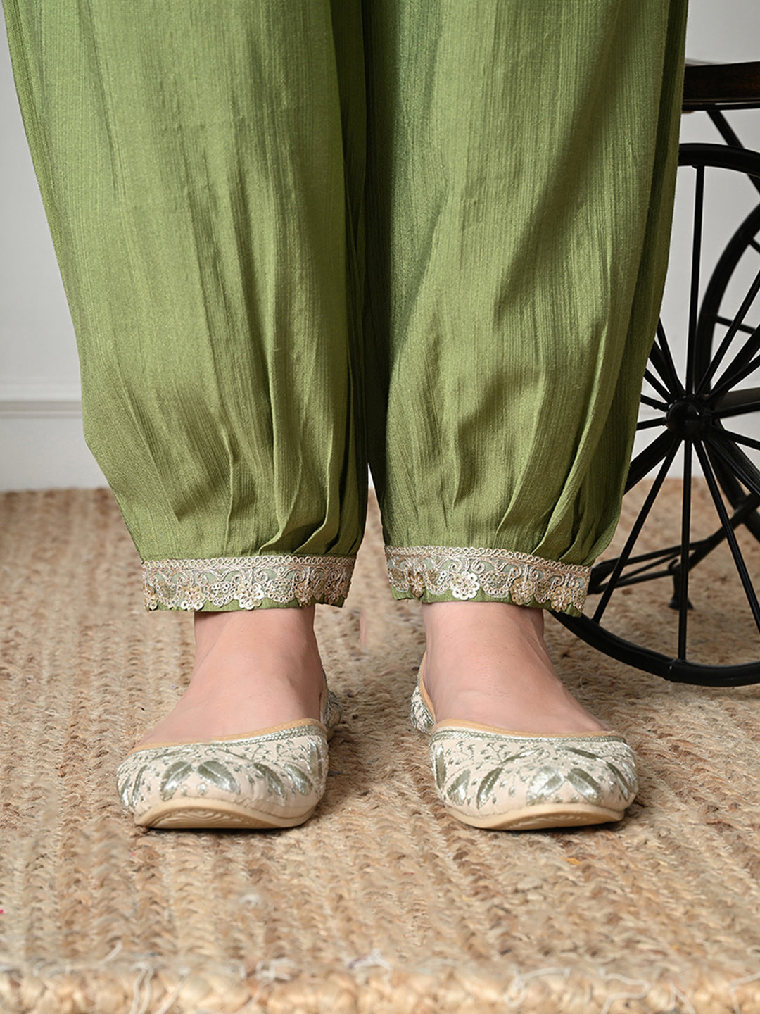 Myshka Women's Embroidered V-Neck Bell Sleeves Kurta & Salwar With Dupatta Sets in Green Color - Distacart