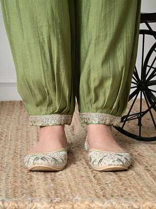 Myshka Women's Embroidered V-Neck Bell Sleeves Kurta & Salwar With Dupatta Sets in Green Color - Distacart