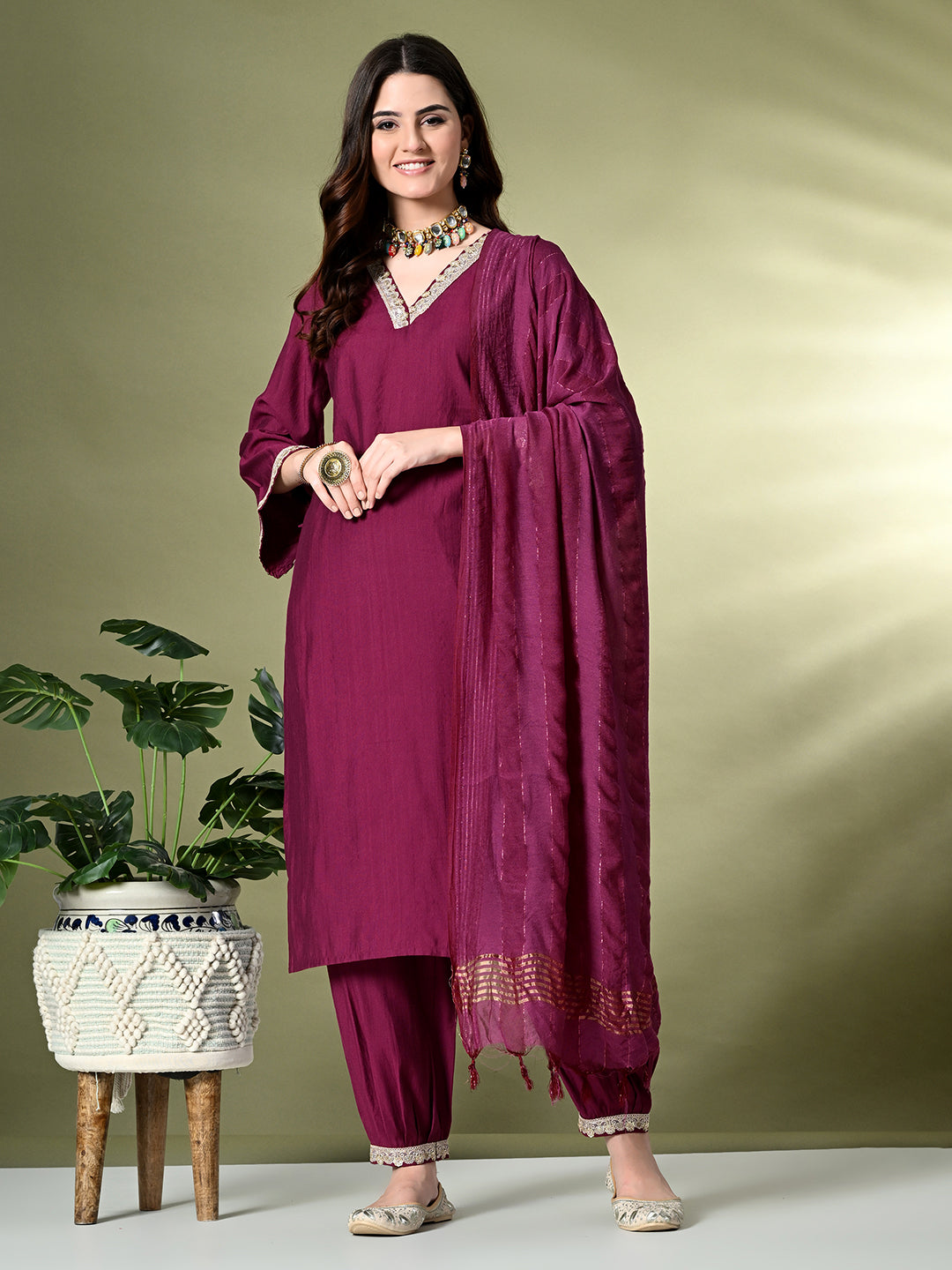 Myshka Women's Embroidered V-Neck Bell Sleeves Kurta & Salwar With Dupatta Sets in Magenta Color - Distacart