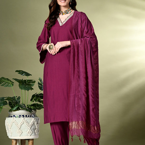 Myshka Women's Embroidered V-Neck Bell Sleeves Kurta & Salwar With Dupatta Sets in Magenta Color - Distacart