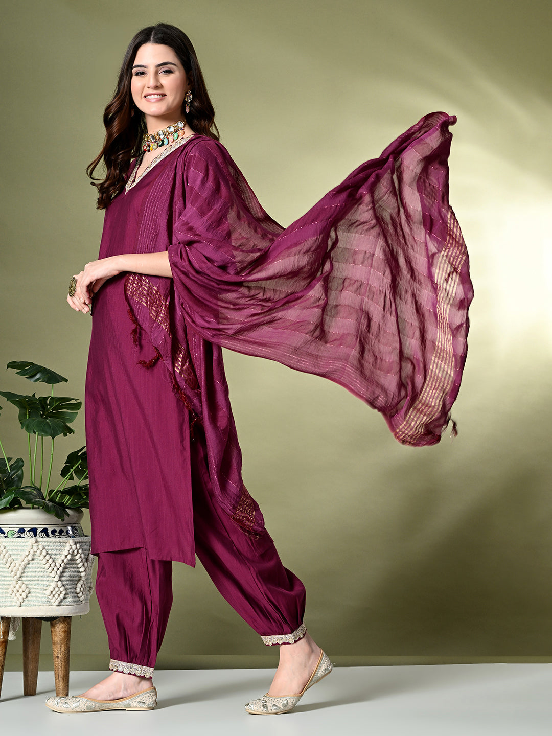 Myshka Women's Embroidered V-Neck Bell Sleeves Kurta & Salwar With Dupatta Sets in Magenta Color - Distacart