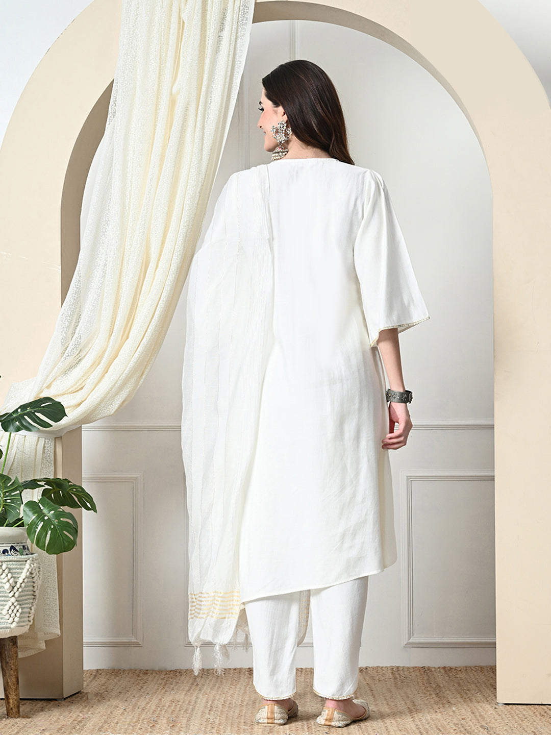 Myshka Women's Embroidered V-Neck Bell Sleeves Kurta & Dhoti Pants With Dupatta Sets in White Color - Distacart