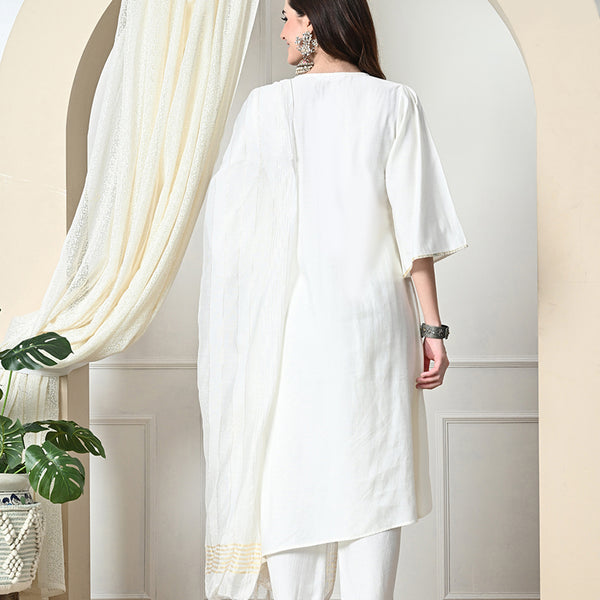 Myshka Women's Embroidered V-Neck Bell Sleeves Kurta & Dhoti Pants With Dupatta Sets in White Color - Distacart