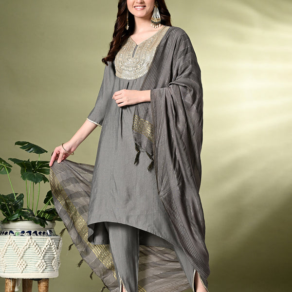 Myshka Women's Embroidered V-Neck Bell Sleeves Kurta & Dhoti Pants With Dupatta Sets in Grey Color - Distacart