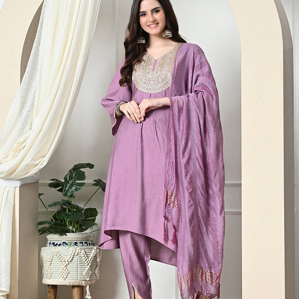 Myshka Women's Embroidered V-Neck Bell Sleeves Kurta & Dhoti Pants With Dupatta Sets in Lavender Color - Distacart