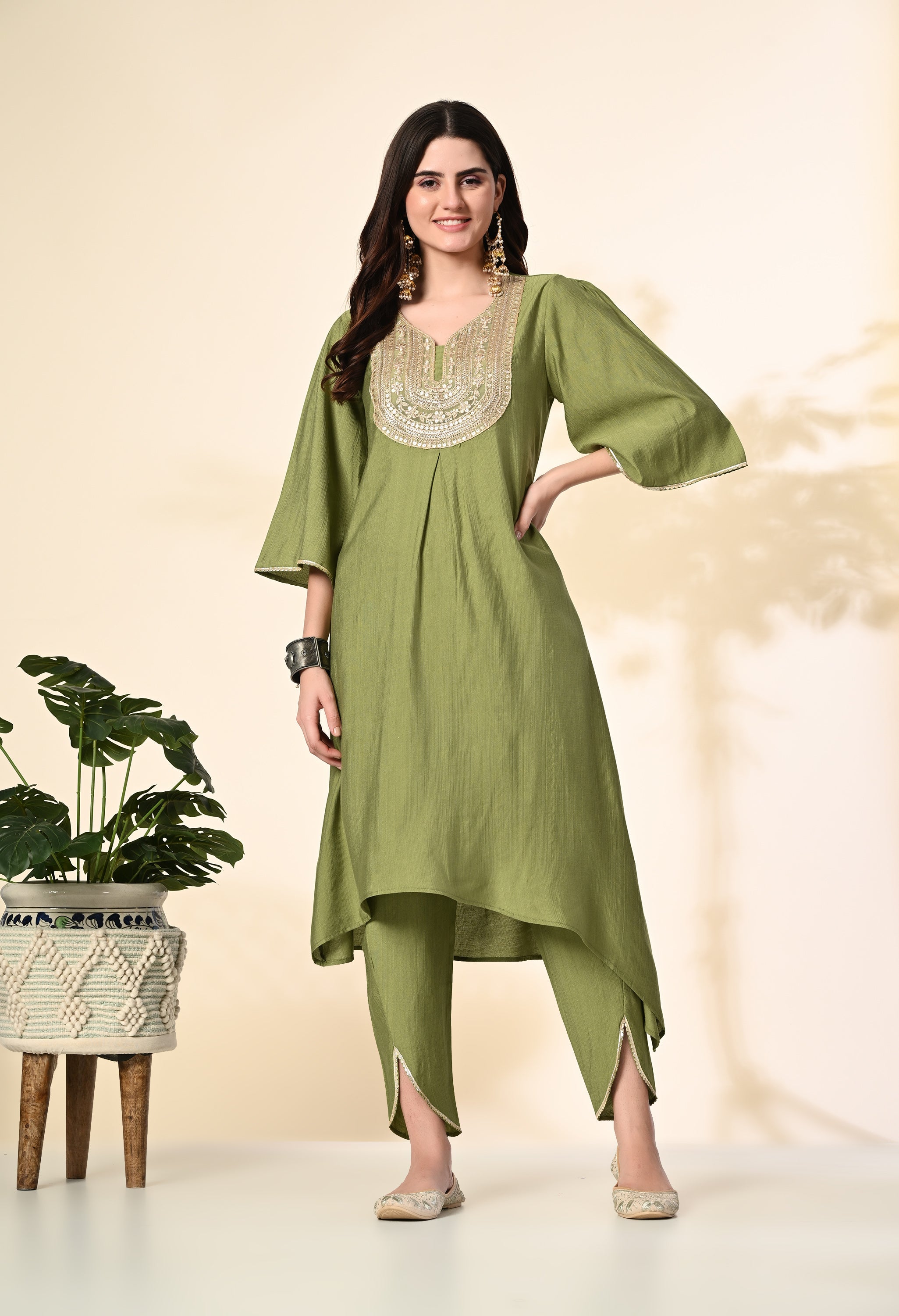 Myshka Women's Embroidered V-Neck Bell Sleeves Kurta & Dhoti Pants With Dupatta Sets in Green Color - Distacart