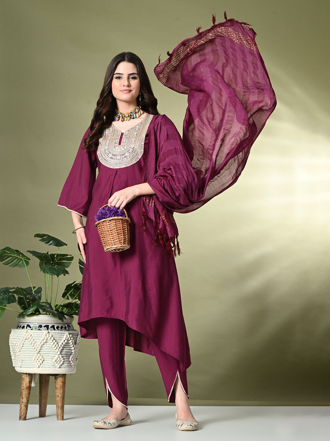Myshka Women's Embroidered V-Neck Bell Sleeves Kurta & Dhoti Pants With Dupatta Sets in Magenta Color - Distacart