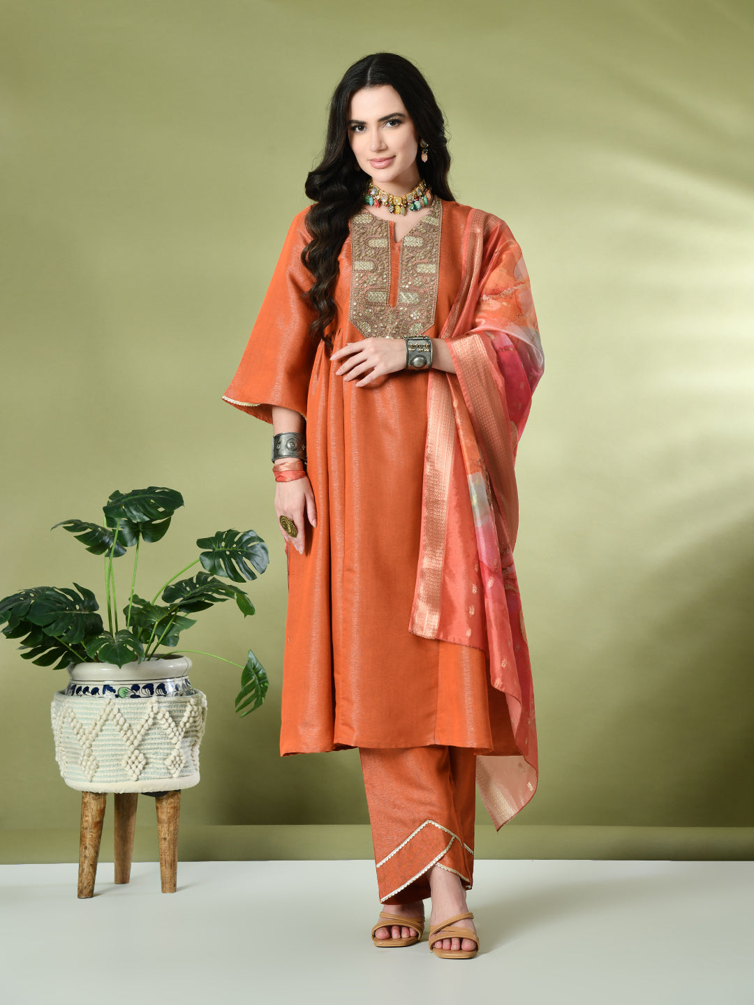 Myshka Women's Embroidered Keyhole Neck Bell Sleeves Kurta & Palazzos With Dupatta Sets in Orange Color - Distacart
