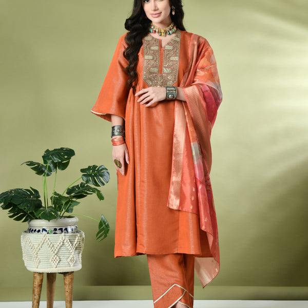 Myshka Women's Embroidered Keyhole Neck Bell Sleeves Kurta & Palazzos With Dupatta Sets in Orange Color - Distacart