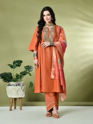 Myshka Women's Embroidered Keyhole Neck Bell Sleeves Kurta & Palazzos With Dupatta Sets in Orange Color - Distacart