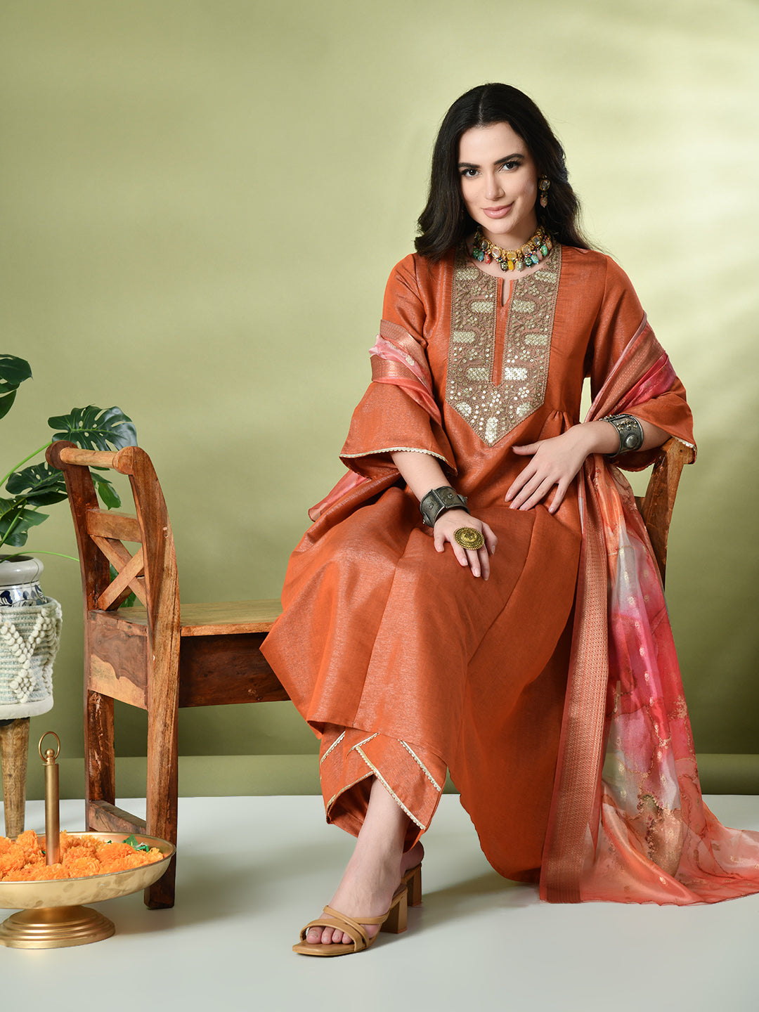 Myshka Women's Embroidered Keyhole Neck Bell Sleeves Kurta & Palazzos With Dupatta Sets in Orange Color - Distacart