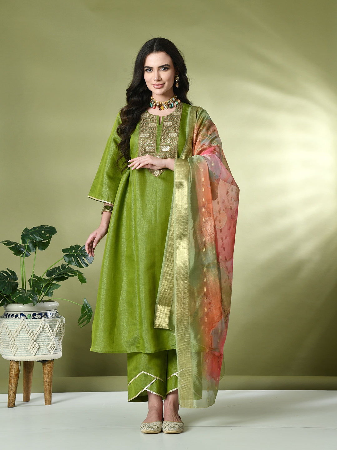 Myshka Women's Embroidered Keyhole Neck Bell Sleeves Kurta & Palazzos With Dupatta Sets in Green Color - Distacart