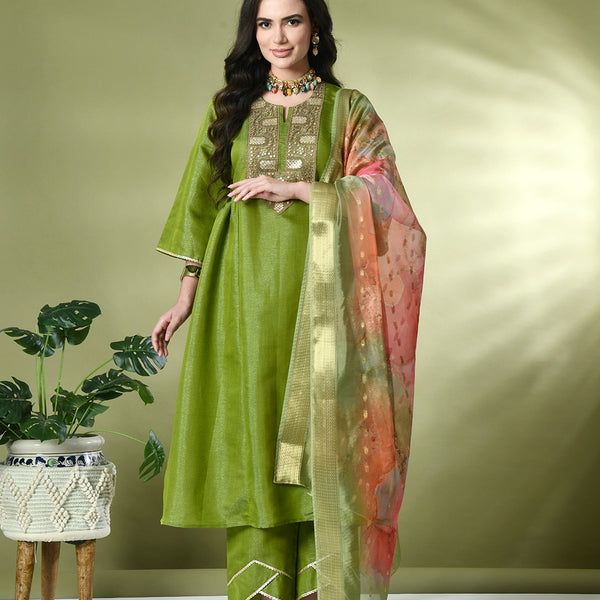 Myshka Women's Embroidered Keyhole Neck Bell Sleeves Kurta & Palazzos With Dupatta Sets in Green Color - Distacart